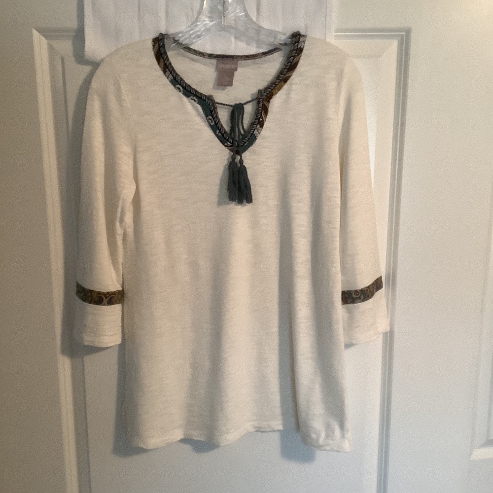 Chico’s Top Cream/ Brown/ Forest  Green  Rope  Neckline Size XS